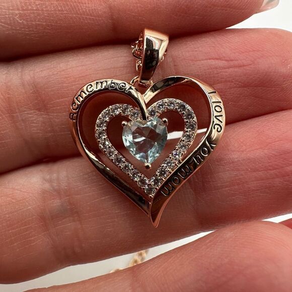 NIB Redbee 18kt GP, Rose gold over s925, "Aquamarine" CZ in heart necklace! - Picture 12 of 14